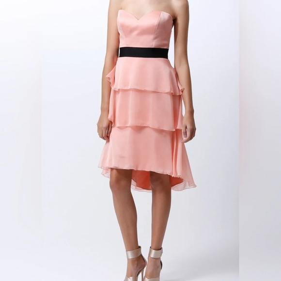 Badgley Mischka Dresses & Skirts - NWT Badgley Mischka Strapless Formal Gown in Melon, Ruffle Tiered Chiffon Sz 12